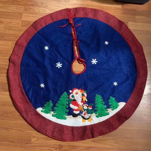 Vintage Christmas Tree Embroidered Felt Skirt Santa Claus & Penguin - Picture 1 of 16